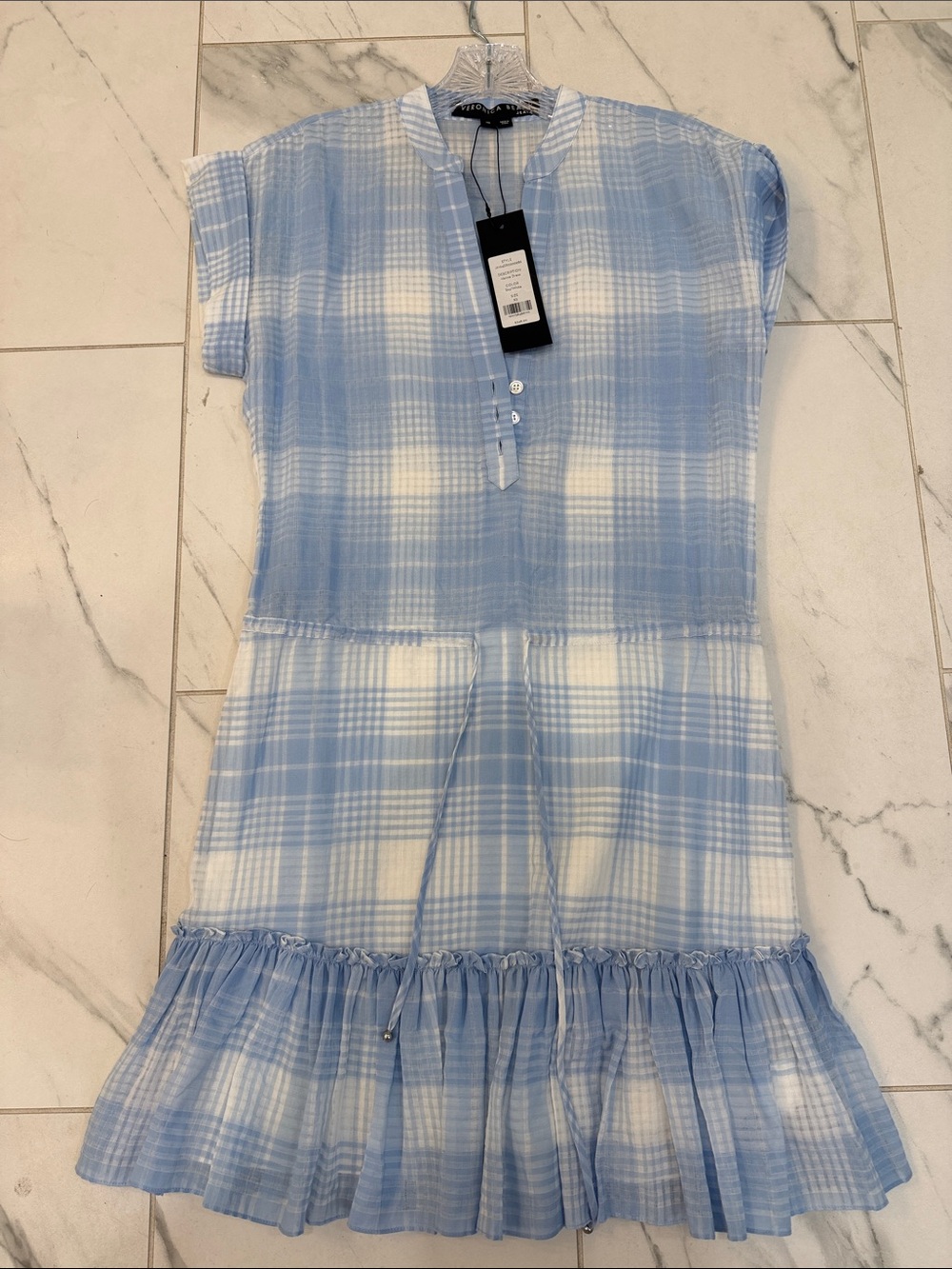 Veronica Beard Blue & White Plaid Ruffle Hem Dress
